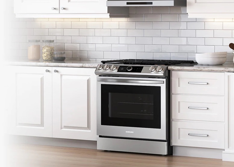 A Samsung slide in gas range in a kitchen 