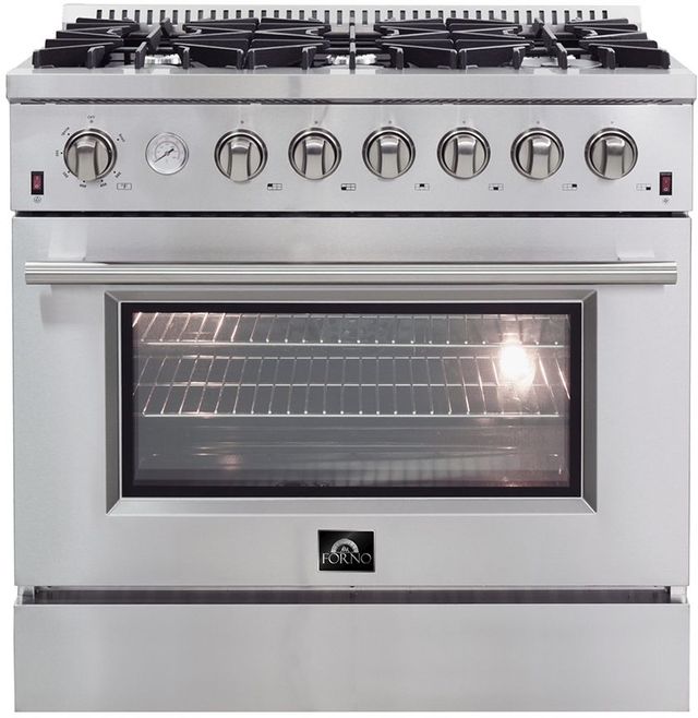 Stock photo of a stainless steel Forno brand gas range.