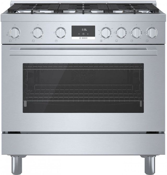 Stock photo of a stainless steel Bosch brand gas range.