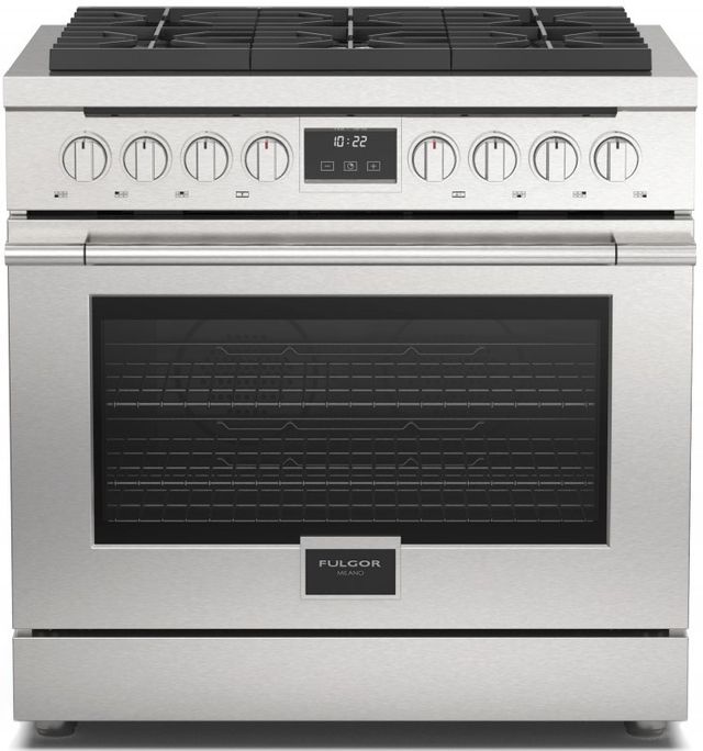 Stock photo of a stainless steel Fulgor Milano brand gas range.