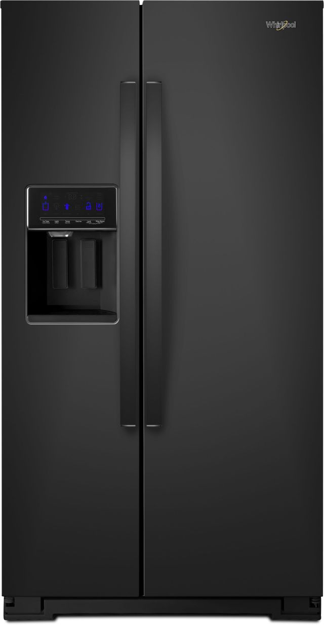 Stock photo of a black Whirlpool brand side by side refrigerator. 