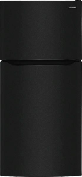 Stock photo of a black Frigidaire brand top freezer refrigerator.