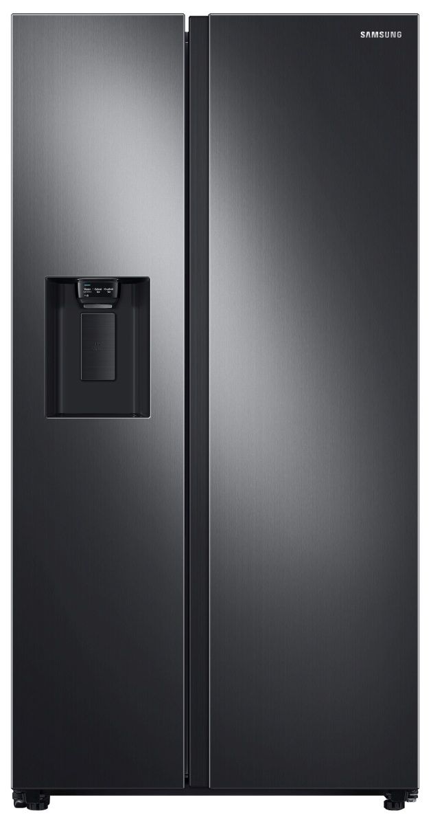 Stock photo of a black Samsung brand side by side refrigerator.
