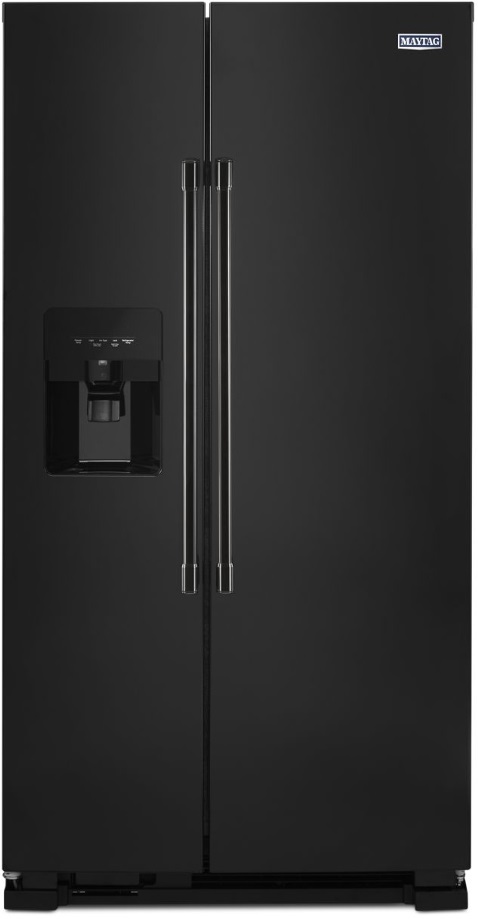 Stock photo of a black Maytag brand side by side refrigerator.