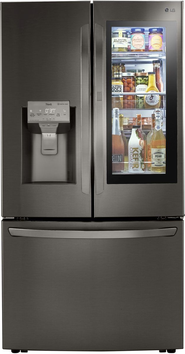Stock photo of a black LG brand french door refrigerator with bottom freezer.