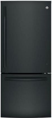 Stock photo of a black GE brand bottom freezer refrigerator.