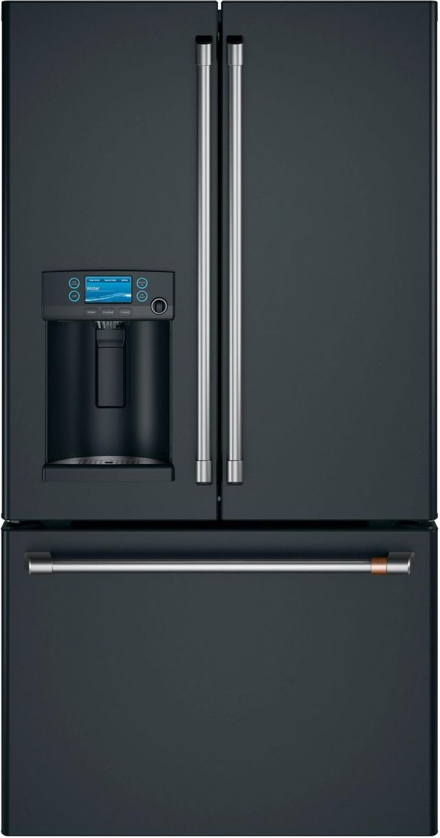 Stock photo of a black Café brand french door refrigerator with bottom freezer.