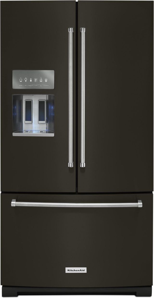 Stock photo of a black KitchenAid brand french door refrigerator with bottom freezer.
