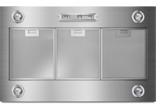 Stock image of a stainless steel Whirlpool brand range hood insert. 