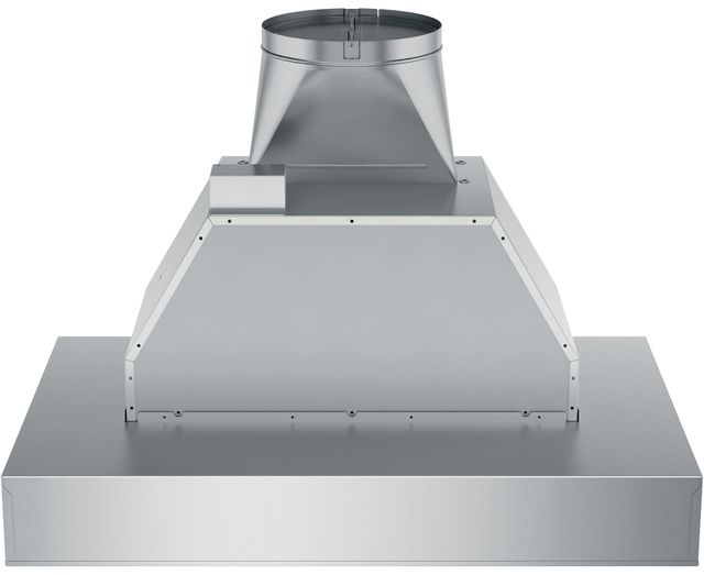 Stock image of a stainless steel GE brand pyramid style range hood insert.