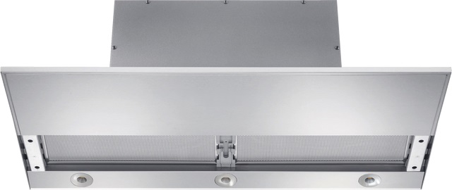 Stock image of a stainless steel Miele brand range hood insert.