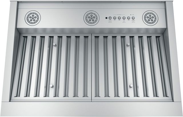 Stock image of a stainless steel GE brand range hood insert with LED lights. 