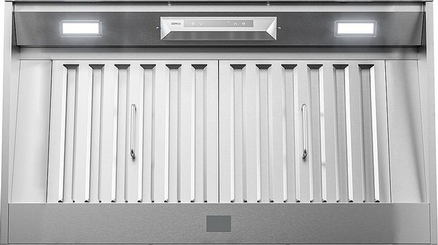 Stock image of a stainless steel Zephyr brand range hood insert with LED lights and sliding doors with handles. 