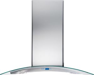 Stock photo of a glass canopy style GE Monogram brand island range hood.