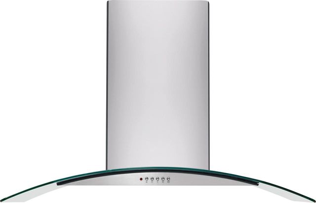 Stock photo of a glass canopy style Frigidaire brand island range hood.