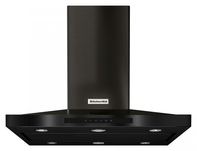 Stock photo of a black stainless steel canopy style KitchenAid brand island range hood. 