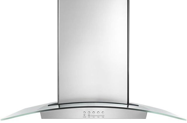 Stock photo of a glass canopy style Whirlpool brand island range hood.
