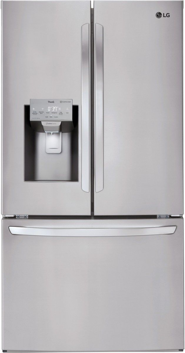 Stock photo of a stainless steel LG brand French door refrigerator. 