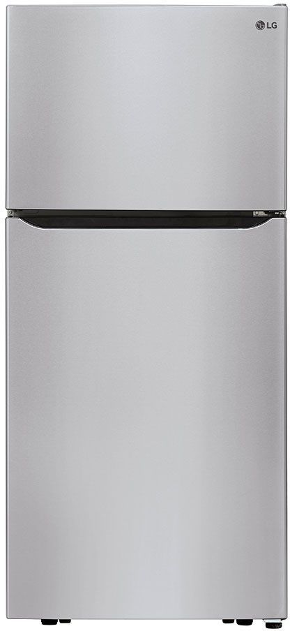Stock photo of a stainless steel LG brand top freezer refrigerator.