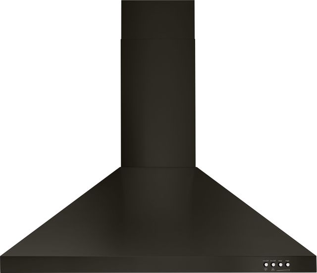 Stock photo of a black stainless steel Whirlpool brand wall mounted range hood.