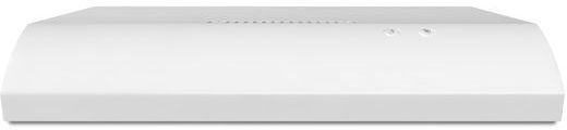 Stock photo of a white Whirlpool brand wall mounted range hood.