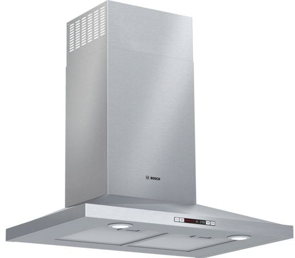 Stock photo of a stainless steel Bosch brand wall mounted range hood.
