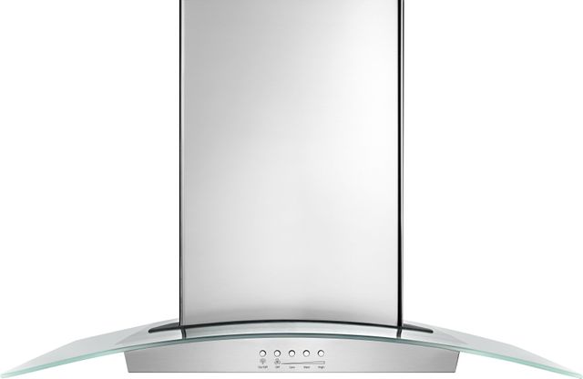 Stock photo of a stainless steel KitchenAid brand wall mounted range hood with glass top. 