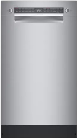 Stock photo of a stainless steel Bosch brand dishwasher with digital display.