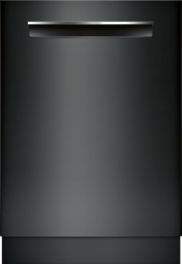 Stock photo of a black stainless steel Bosch brand dishwasher.