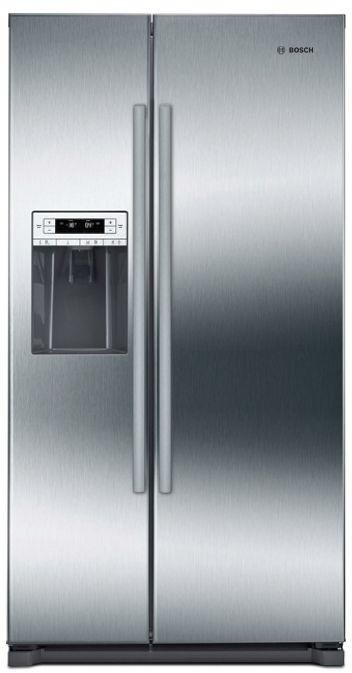Stock photo of a stainless-steel Bosch brand side by side refrigerator.