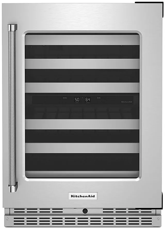 Front view of KitchenAid KUWR314KSS built-in wine cooler 