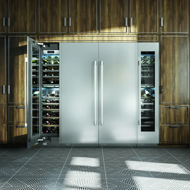 A pair of Signature Kitchen Suite built-in wine coolers and refrigerator columns 