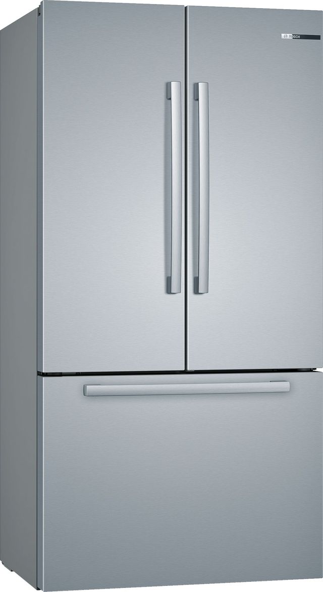 Stock photo of a stainless steel Bosch brand counter depth refrigerator.
