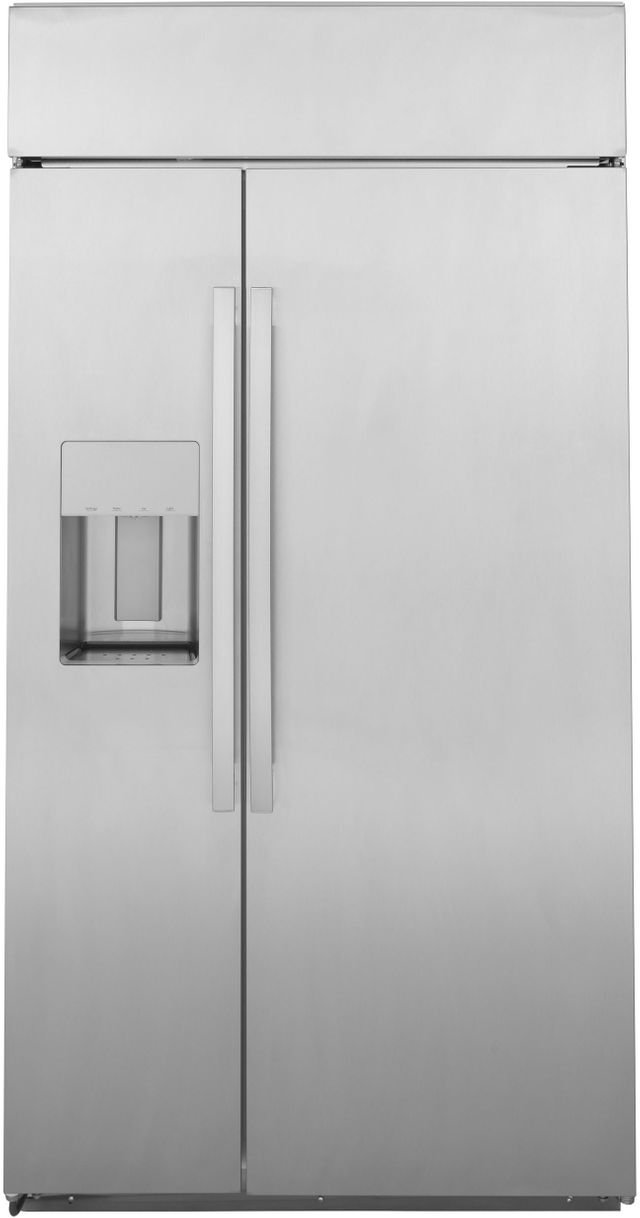 Stock photo of a stainless steel GE Profile brand counter depth refrigerator with French doors.