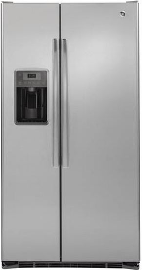 Stock photo of a stainless steel GE brand counter depth refrigerator.
