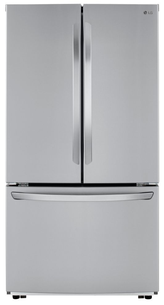 Stock photo of a stainless steel LG brand counter depth refrigerator with French doors and bottom freezer.