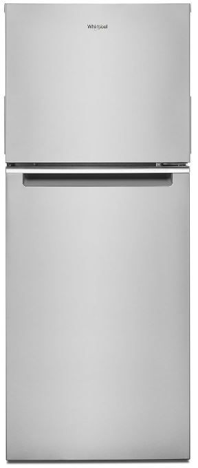 Stock photo of a stainless steel Whirlpool brand counter depth refrigerator.