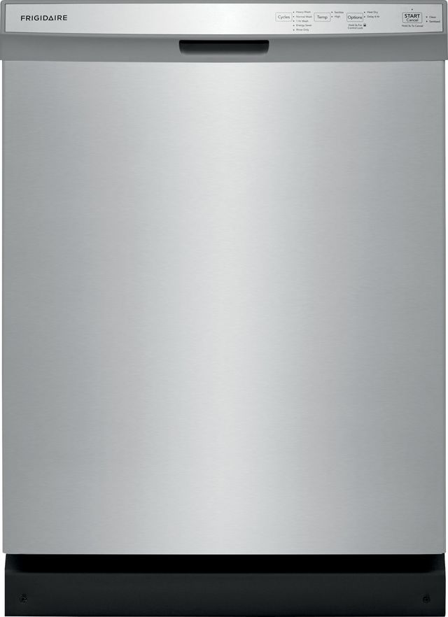 Stock photo of a stainless-steel Frigidaire brand dishwasher. 
