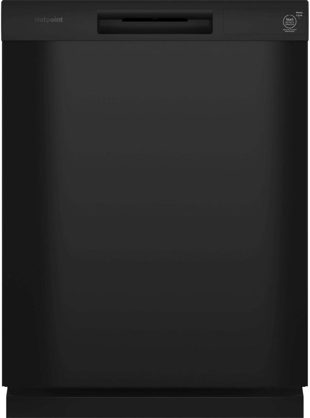 Stock photo of a black Hotpoint brand dishwasher.