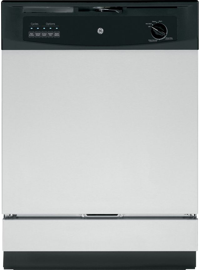 Stock photo of a stainless-steel and black GE brand dishwasher.