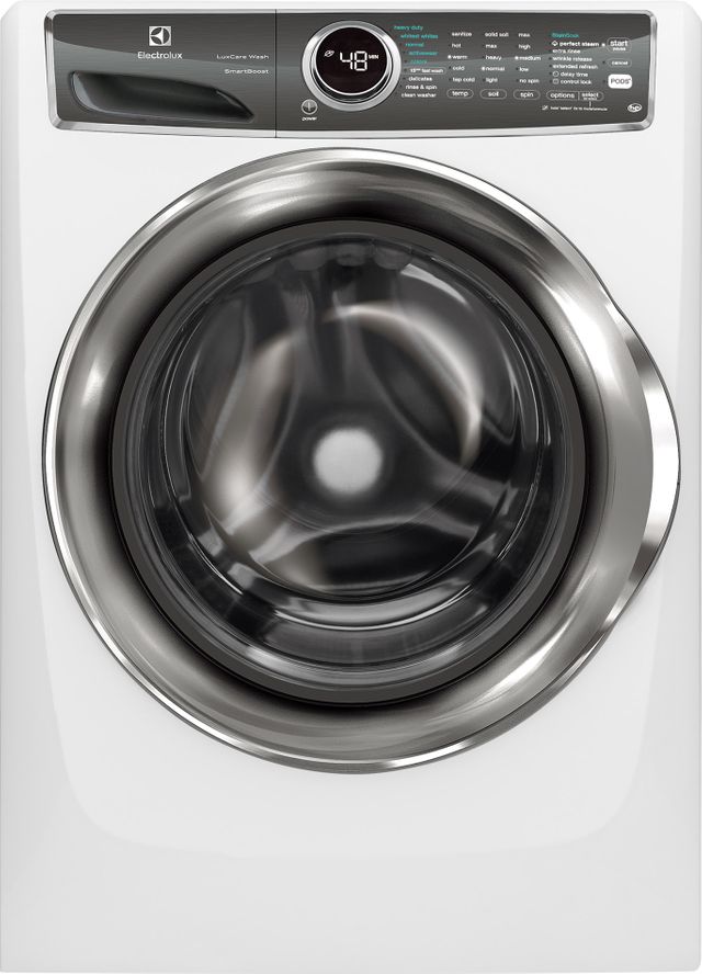 Stock photo of a white Electrolux brand front load washer with titanium accents.