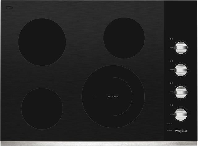 Stock photo of a black Whirlpool electric cooktop. 