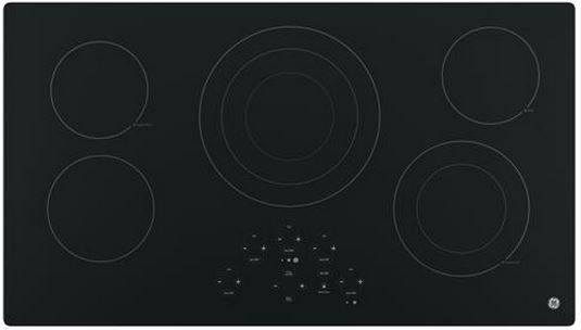 Stock photo of a black GE electric cooktop.