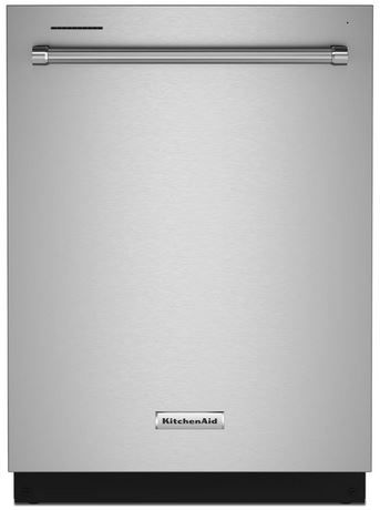Stock photo of a stainless steel KitchenAid dishwasher with large handle. 