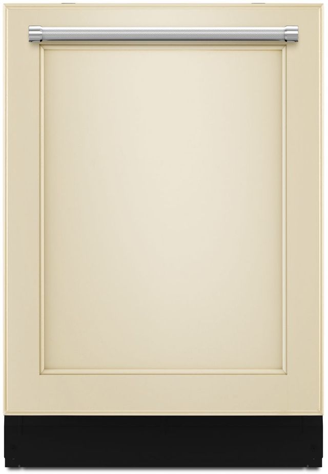 Stock photo of an off white, panel ready KitchenAid dishwasher. 