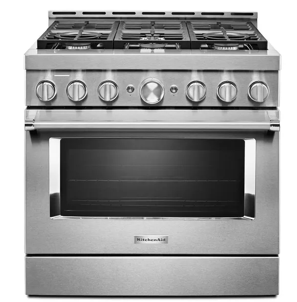 Front view of KitchenAid KFGC506JSS 36” gas range 