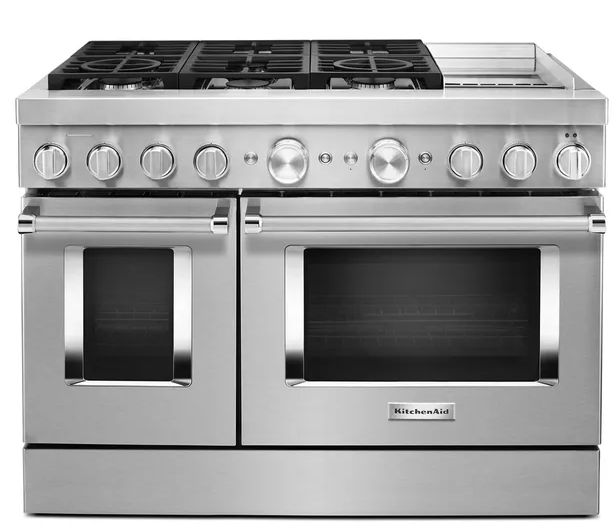 Front view of Aztec KFDC558JSS 48” dual fuel range 