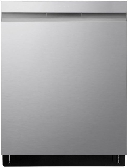 Stock photo of a stainless steel LG brand dishwasher with recessed handle. 