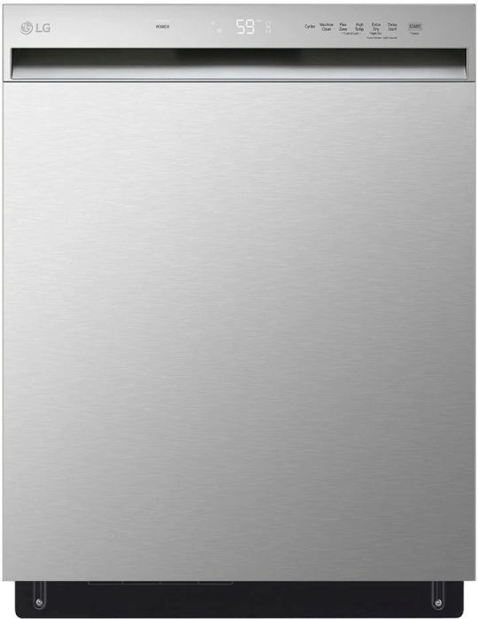 Stock photo of a stainless steel LG brand dishwasher with recessed handle and digital front controls. 