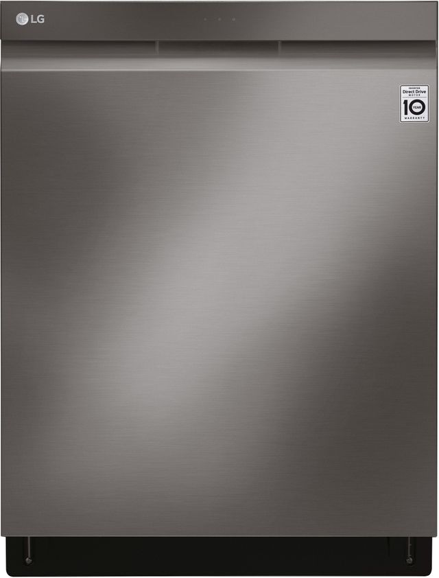 Stock photo of a black stainless steel LG brand dishwasher with recessed handle.